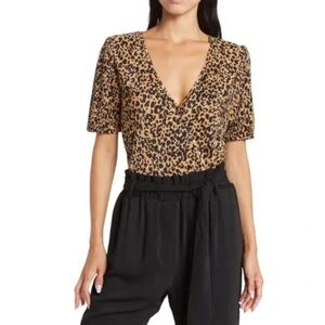 WAYF Surplice Top Bodysuit Leopard Print Sz XS NEW